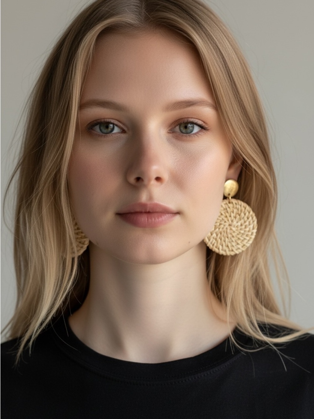 10/7 Woven Round Drop Earrings with Gold Studs - Natural Beige